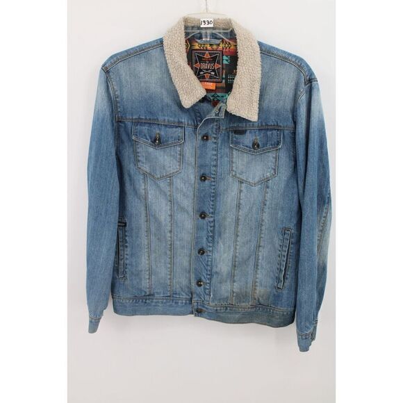 Dravus Denim Jeans Jacket Sherpa Collar Native Pattern Lining Size Large - Picture 1 of 10